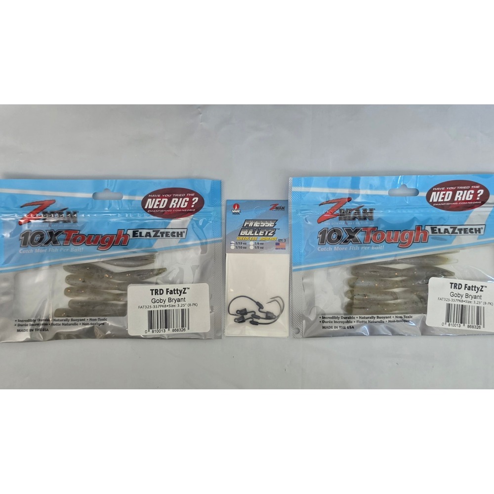 Z-Man TRD FattyZ Fishing Lures 3.25" Goby Bryant Ned Rig Bundle with Jigheads